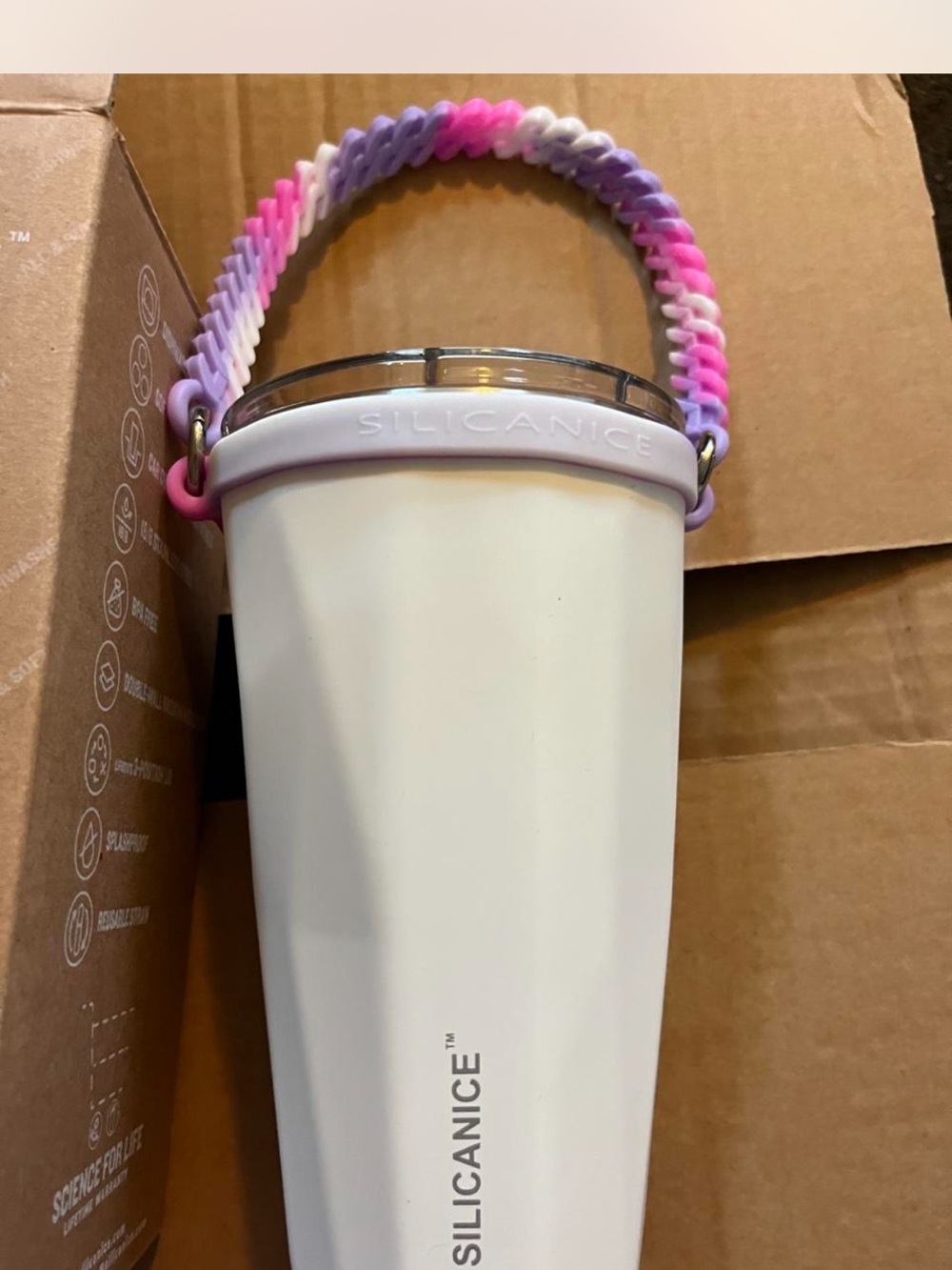 White Insulated Tumbler with Pink-Purple Silicone Handle